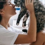 Curious Cat - Charming woman kissing cute cat in bedroom