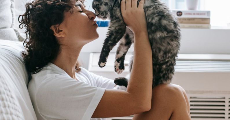 Curious Cat - Charming woman kissing cute cat in bedroom