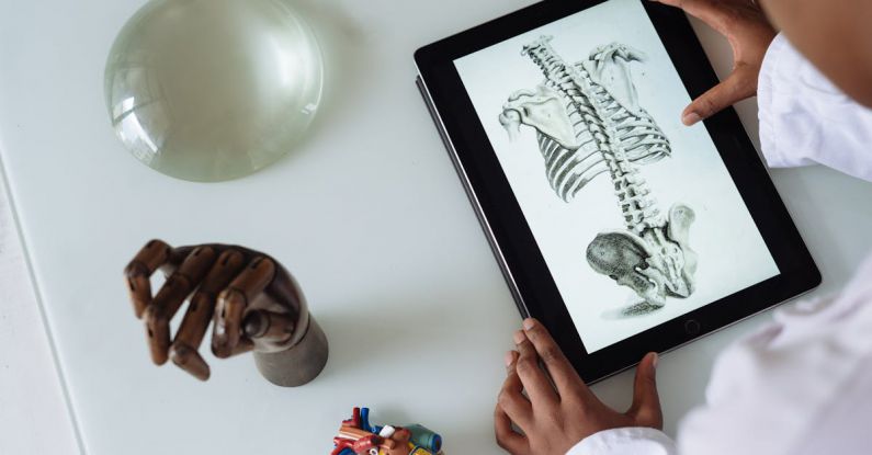 Digital Classroom - Unrecognizable African American scientist studying anatomy with tablet