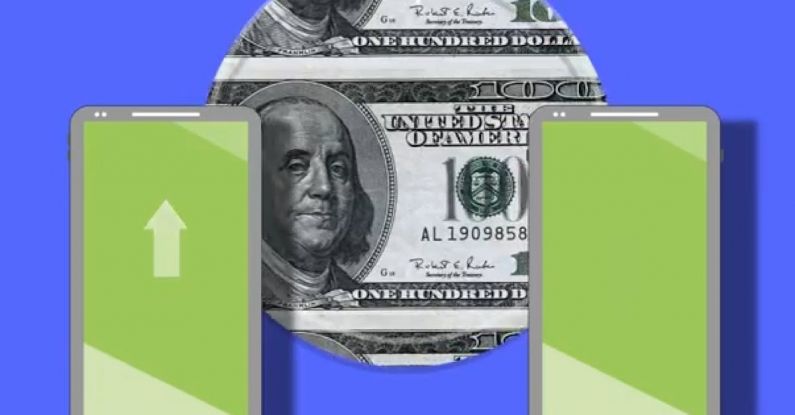 Online Deals - Creative isometric image of online money transaction via mobile phones on blue background